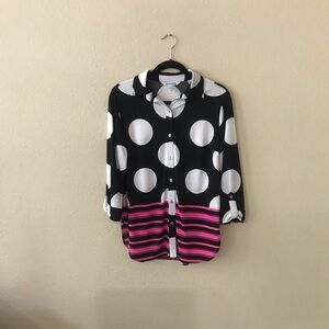 Nygard Black Blouse with White Oversized Polka Dots